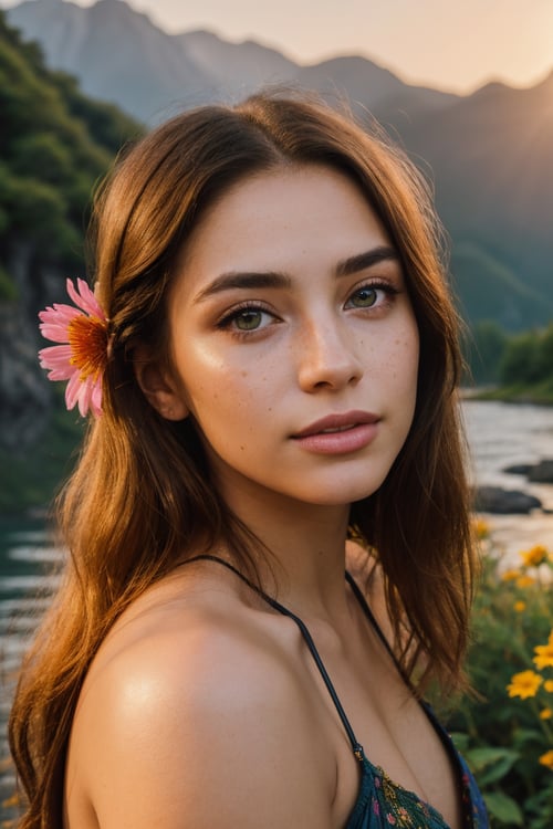 (best quality,8k,highres,masterpiece:1.2),photorealistic,ultra-detailed,vibrant photography of a woman in nature,dramatic lighting,finely detailed beautiful eyes,fine detailed skin,Natural scenery,majestic landscape,colorful flowers,distant mountains,flowing rivers,melting sunset,serene atmosphere,dazzling sunlight,blissful vibes,freckled face,luscious greenery,soft breeze,ethereal beauty