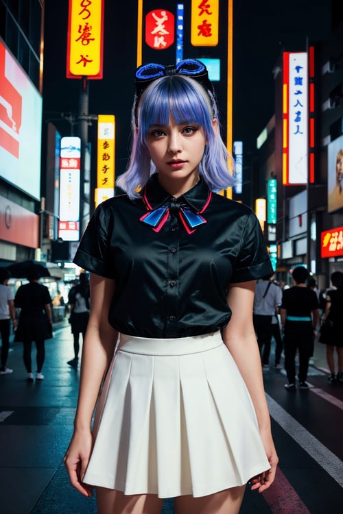 (8K RAW photo, masterpiece:1.3), (realistic, photo-realistic), (night), A captivating scene unfolds in the neon-lit streets of Tokyo, a cyberpunk city bathed in soft light. The focal point is an extremely beautiful girl with striking white hair, big eyes, and an immaculate face, perfectly capturing the essence of the night. She stands in a relaxed pose, hands placed gently by her sides, radiating an air of sophistication. Her hairstyle and expression are uniquely random, adding an intriguing twist to the image. Her attire features a short-sleeved JK-style shirt paired with a dark blue JK skirt and a bow JK tie, creating a mix of styles that complements the cyberpunk atmosphere. The 8K resolution ensures the highest quality, making this photo-realistic masterpiece an extraordinary visual experience.
