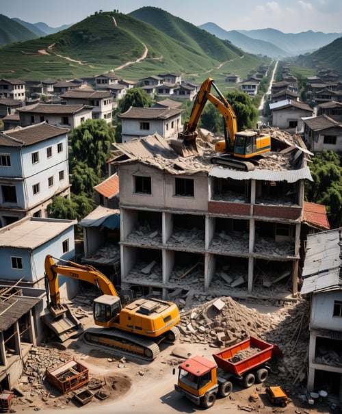 (Cinematic Photo:1.3) of (Ultra detailed:1.3) <lora:detailmaster2.0:1.0> On the streets of rural China, workers and machinery are demolishing a two-story small villa,Highly Detailed