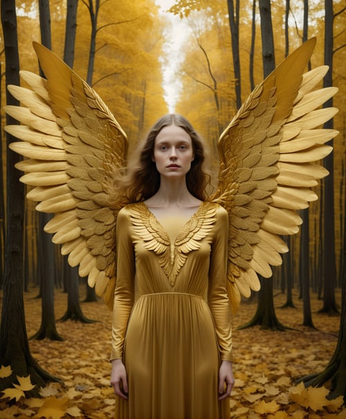 (Cinematic Photo:1.3) of (Ultra detailed:1.3) <lora:detailmaster2.0:1.0> a woman in a golden dress is standing with wings in the background, in the style of patty maher, richard phillips, detailed foliage, symmetrical compositions, bright and bold color palette, petrina hicks, halloween,Highly Detailed