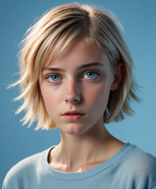 <lora:detailmaster2.0:1.0> portrait of a teen girl, 18 years old, shy, introvert, short straight blonde hair, light blue background, loose outfit, high resolution, photorealistic, photo, realism, sharp photography, a photograph of, maximum detail, sharp focus, intricate details, ultra - realistic, cinematic lighting, volumetric lighting, photography, beautiful details, cinematic lighting, render, 8k, Portra 800 medium format film, 105mm SMC Takumar, 3200 dpi scan, mist, octane render, unreal engine, 8k, photorealistic, digital, detailed, extra fine details, award photo quality, photorealism, 8k, uhd, unreal engine, octane, highly realistic resolution uhd 8k octane,