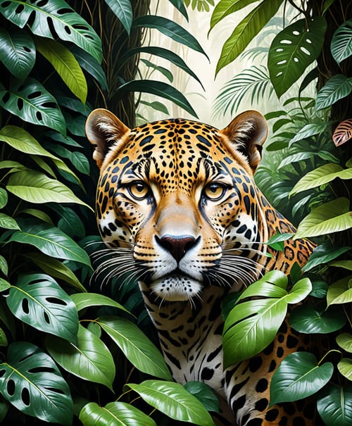 (Cinematic Photo:1.3) of (Ultra detailed:1.3) <lora:detailmaster2.0:1.0> jaguar hiding behind the leaves in the rainforest, in the style of bloomsbury group, expressive character design, focus on joints/connections, leaf patterns, playful animation, shaped canvas, soft watercolours,Highly Detailed