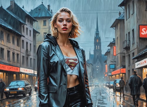 (ARIEL), nighttime, cyberpunk city, dark, raining, neon lights ((,Wearing a blazer over a hoodie)), blazer, hoodie, ( SZ_4poXL enviroment), cyberpunk, synthwave, 1980s, futurism, brutalism, neuromancer, cinematic photo in Ukraine, Background is stunning 17th century european village scenery, detailed and intricate environment, oil painting, palette knife soft brushstrokes, heavy strokes, dripping paint, art station on trend, sharp focus, intricate details, highly detailed,Power girl, supergirl, blonde,art by Jakub Rozalski, 1920+ Poland,analog, the contrast in colors and textures should be distinct highly detailed, surreal, vibrant yet slightly desaturated, faded film, desaturated, 35mm photo, grainy, vignette, vintage, Kodachrome, Lomography, stained, highly detailed, found footage,art by Antoine Le Nain, art by Antoine Verney-Carron