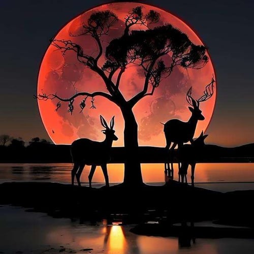 Reindeer silhouetted by full moon and radiant aurora borealis