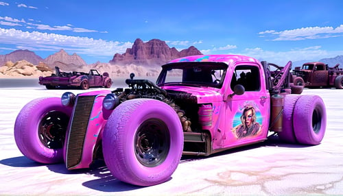 80s retro vaporwave margot robbie in front of rat_rod, desert, candy cotton clouds, hyper detailed, (by h.r.giger:1.1),,. Grid art, sunsets, neon palms, vibrant nostalgia, retro futuristic