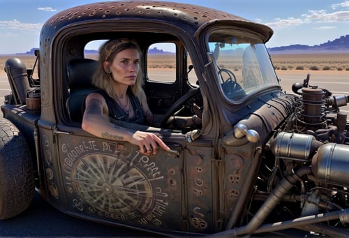 she driving a rat_rod, a lonley highway on an alien planet, translucent mushrooms growing, hyper detailed, ,,