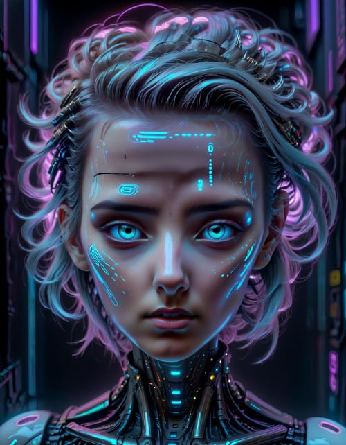 she Ethereal Portraits, augmented reality, neon lights, cyberpunk, metallic textures, glowing eyes, futuristic hairstyle, galaxy background.,detailed eyes, highly intricate, hyperrealistic,