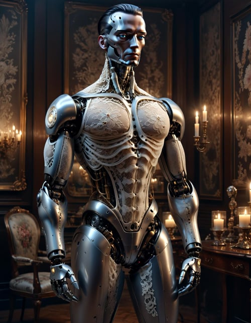 full body, he android, robot, Timeless Elegance, vintage couture,(liquid illumination:1.05), lace details, antique accessories, opulent fabrics, candlelit ambiance, classic silhouettes, royal essence., muscular body,hyperrealistic, photorealistic,