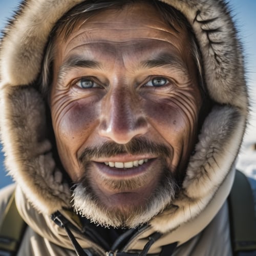 close-up photo of an old Eskimo grins into the camera while hunting the seals, insane details, realistic clothing, realistic shadow, skin imperfections, detailed eyes, 16k, uhd, dslr, masterpiece, insane details, award-winning photo, light beams streaming through haze