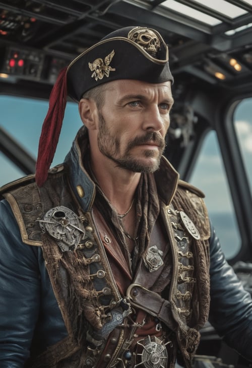 handsome man in documentary photo of a space captain pirate on the bridge spaceship, highly detailed, best quality, insanely detailed, lush detail, Sharp focus, insane details, intricate details, natural skin texture, realistic skin