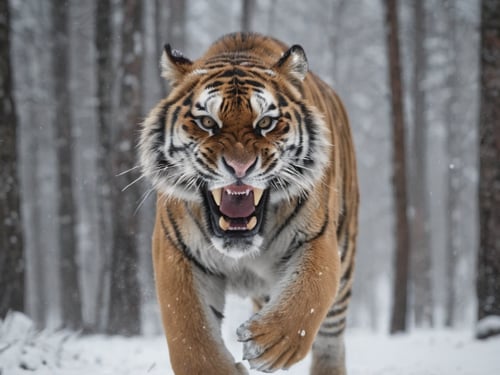 1 big angry siberian tiger running through the snowy taiga towards the camera, (seeming and bloody coat:1.2), mouth wide open, (long deadly fangs:1.1), high detailed, right before attacking the camera man, in motion, award winning photo, photo realistic, uhd, 8k