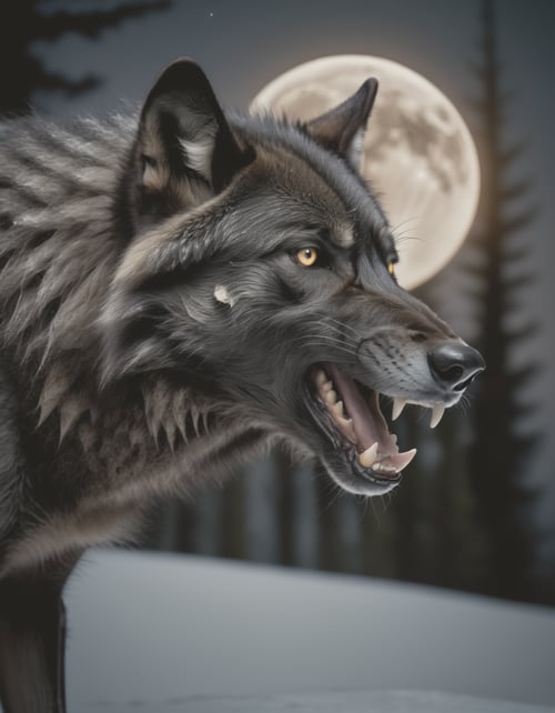 Photograph, intricate background, shoulder-level shot of a growling huge black timber wolf, Moon in the night, award-winning, National Geographic photography, cinematic lighting, Film grain, Spirals, award-winning, art by Brian Sum