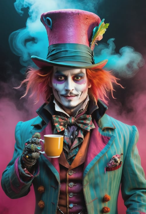 cyberpunk (mad hatter johnny depp in wonderland:1.3) holding a cup of tea,cyberpunk style,mysterious magical ground fog,bioluminiscent drink,graffito,mist,incredible detailed,soft neon light,cinematic,iridescent red,vivid details,robotic bionic features,whimiscal toxic dust,hyperrealistic masterwork by head of prompt engineering