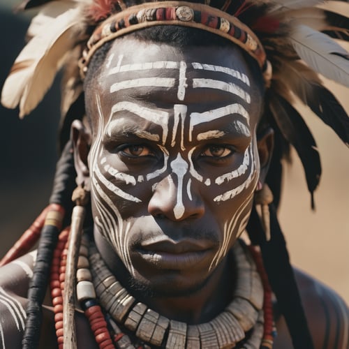A majestic tribal affrican , adorned with intricate war paint across his face, gazes intently into the distance as if peering into the future. RAW PHOTO, ultra realistic, detailed facial features, cinematic lighting, Fuji superia 400, 80mm, 4k, vibrant.