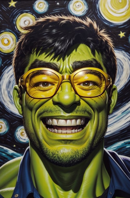 (yellow-glasses:1.2),a photo of a (( very blurry hulk)) in sunglasses,grin,starry night,
