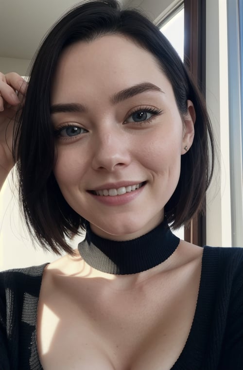 instagram photo, closeup face photo of 23 y.o Chloe in black sweater, cleavage, pale skin, (smile:0.4), hard shadows
