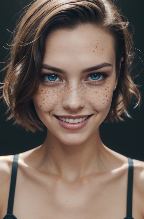 beautiful lady, (freckles), big smile, blue eyes, short hair, dark makeup, hyperdetailed photography, soft light, head and shoulders portrait, cover