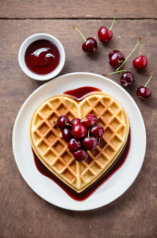Food photography, Heart-shaped waffle with cherries and sauce