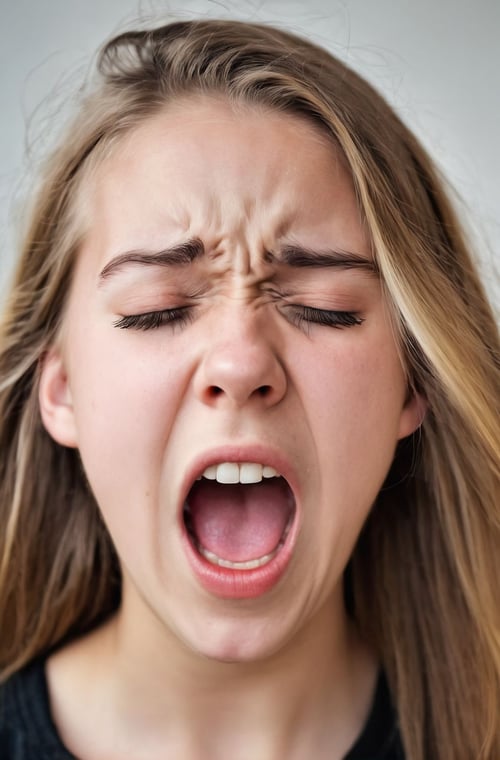 Portrait Photo screaming in pain, teenager girl, with closed eyes, beginner, super high resolution, laica chrose, upset