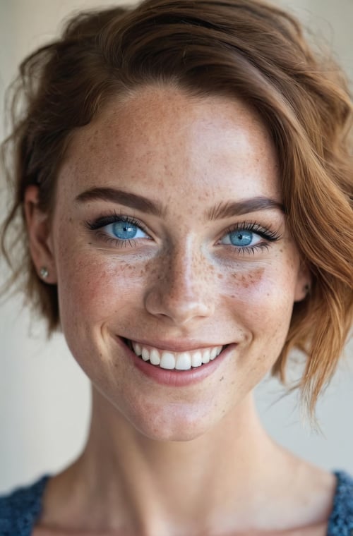 beautiful lady, (freckles), big smile, blue eyes, short hair, dark makeup, hyperdetailed photography, soft light, head and shoulders portrait, cover