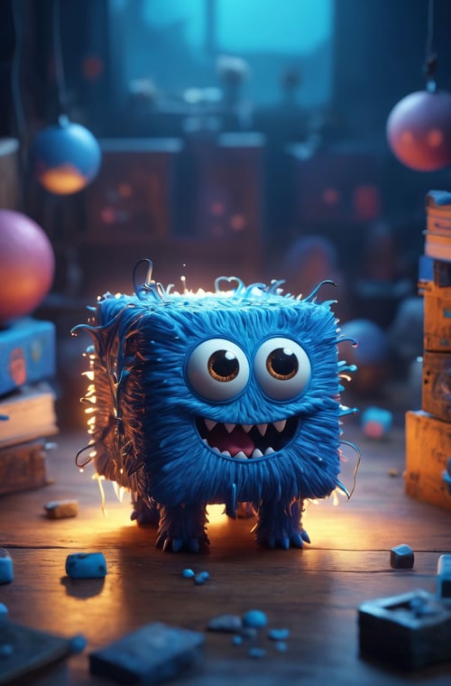 A cute monster in the (Shape of an Cube), blue colorful, clutter, ultra detailed, mysterious, scary, perfect environment, cinematic lighting, product photography, unreal engine, 8K