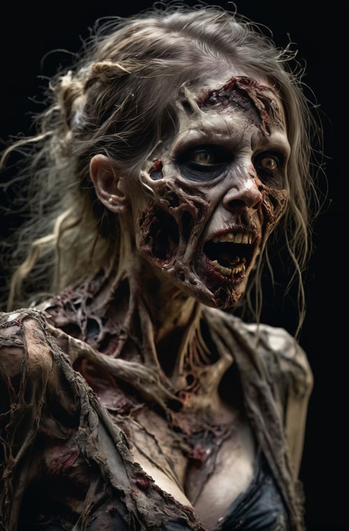 intricately detailed, snarling female zombie, with ripped clothes, rotting flesh, exposed bones, (black background:1.1), rimlight. Surreal, ethereal, dreamy, mysterious, fantasy, highly detailed
