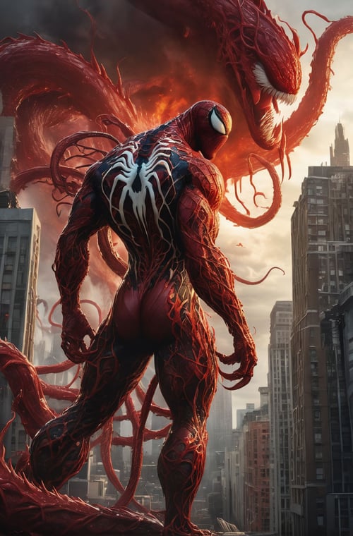 perfect mix between Carnage from Marvel and Godzilla, with Carnage's red tentacles protruding from his entire body, destroying city, blood, epic, (cataclysmic, white eyes like venom, gargantuan, taller than buildings, oversized, gigantic:1.9), absurdres, best quality, fantasy style ,(intricate details), (hyperdetailed), 8k hdr, high detailed, lot of details, high quality, soft cinematic light, dramatic atmosphere, atmospheric perspective