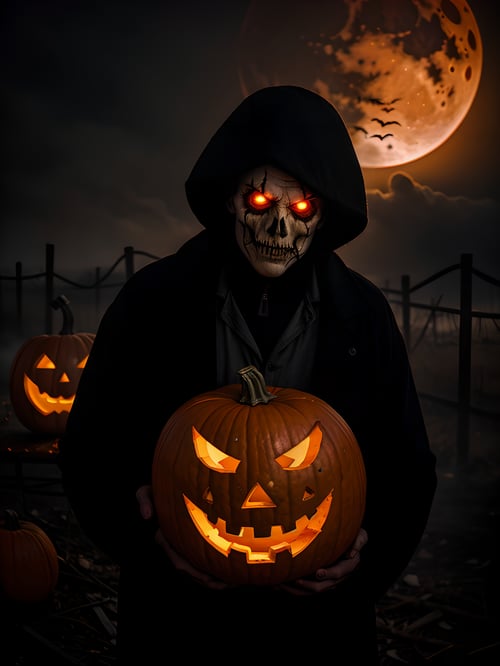 Envision a bone-chilling Halloween image featuring the Pumpkin Man, his face carved from a menacing pumpkin, emitting a sinister and scary aura. Picture him holding a rusty old weapon, dressed in tattered and torn clothes, with smoke billowing from his flaming pumpkin face. Craft a haunting scene set against a backdrop of a blood-red moon, capturing the essence of fear and Halloween spookiness in this eerie and captivating depiction