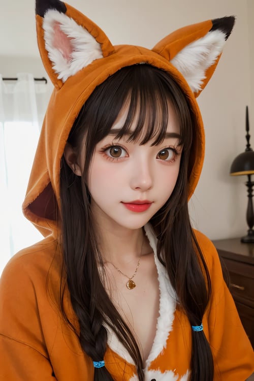 1girl, caucasian, adult, indoors, colorful, cute fox costume, ultra realistic, best quality, ultra detailed, average girl, upper body, closeup