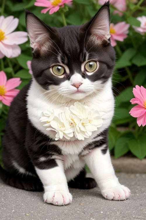a photo of a cute little puppy the cat surrounded by beautiful flowers extremely detailed fur,(close up:1.1)