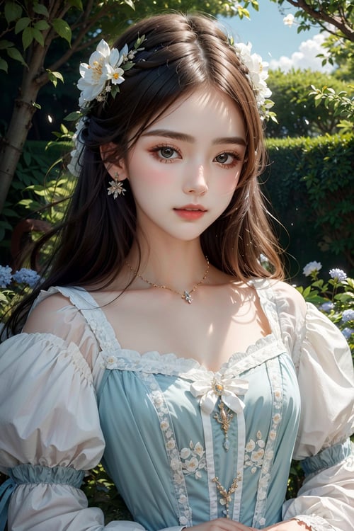 a beautiful girl, perfect face, (detailed face), ((detailed facial features)),(full body),victorian era dress, [ball gown, garden, sky masterpiece, high quality, best quality, [delicate pattern, intricate detail, [soft rim light], detailed foliage, flowers, garden alcove bower