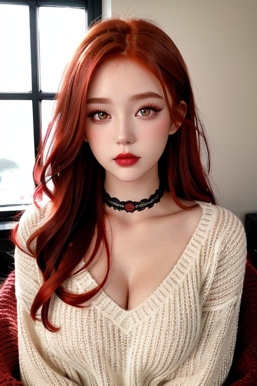 raw photo, (24yo redhead girl:1.2), makeup, rouge, neck lace choker, realistic skin texture, oversize knit jumper, red eyes, softcore, warm lighting, cosy atmosphere, Instagram style
