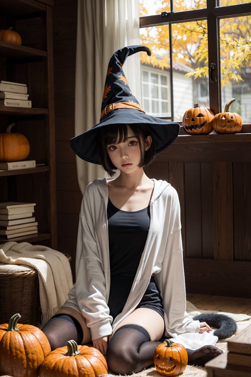 masterpiece, best quality, nice hands, perfect hands, 1 girl, pale, white skin, bluish_black_hair, bob_cut, straight hair, blunt bangs, dark_blue_eyes, black eyes, flat_chested, halloween striped thighhighs, witch hat, hoodie, shy, blush, animal, cat, cozy, fall, autumn, coffee, falling leaves, pumpkins, blanket, clutter, window, ghibli studio style,ghibli style, cinematic light, cinematic view, High detailed,