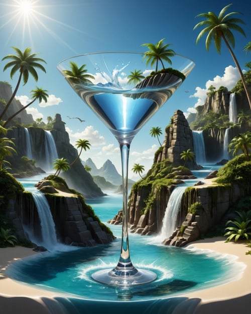 Renaissance style (Professional 3D rendering:1.3) of (Visual novel:1.3) <lora:Glass_Islands:1> a martini glass with a waterfall and palm trees, water art manipulation, surreal water art, 3 d epic illustrations, 3d render digital art, full of glass. cgsociety, surreal 3 d render, rolands zilvinskis 3d render art, surrealistic digital artwork, surreal concept art, stuning fantasy 3 d render, water art photoshop,CGSociety,ArtStation . Realistic, perspective, light and shadow, religious or mythological themes, highly detailed