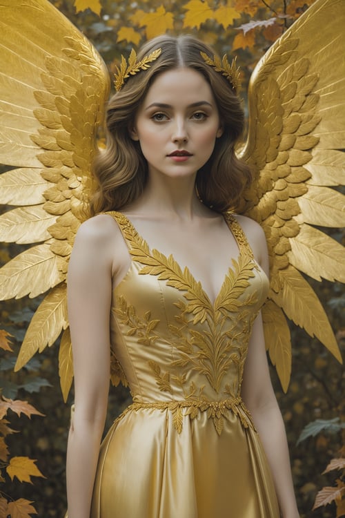 (Cinematic Photo:1.3) of (Ultra detailed:1.3) a woman in a golden dress is standing with wings in the background, in the style of patty maher, richard phillips, detailed foliage, symmetrical compositions, bright and bold color palette, petrina hicks, halloween,Highly Detailed
