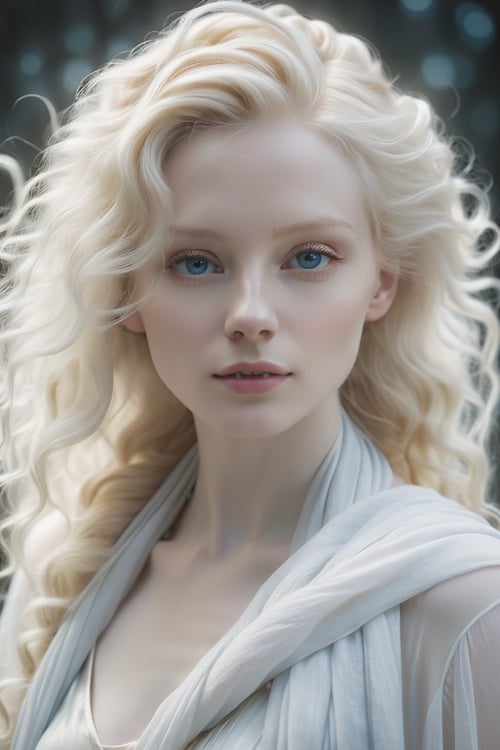 best quality, 4k, 8k, highres, ultra-detailed, blond woman with a white dress and a white scarf in a plain background, incredibly ethereal, ethereal hair, flowing hair, windy hair, grey blue eyes, ethereal beauty, very ethereal, pale skin curly blond hair, a stunning young ethereal figure, pale complexion, soft portrait shot 8 k, a still of an ethereal, pale woman, soft ethereal lighting, porcelain pale skin, portrait of albino mystic, ethereal soft and fuzzy glow, epic composition Unreal Engine, cinematics, color grading, portrait photography, ultra-wide angle, depth of field, hyper detailed
