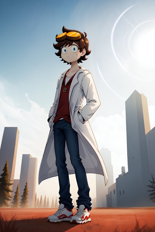 best quality,  1boy,  (solo,  alone),  male,  short hair,  brown hair,  goggle_on_head,  yellow goggles,  big eyes,  blue eyes,  flat_gaze,  open eyes,  closed mouth,  :<,  collarbone,  (white labcoat,  white coat),  red shirt,  blue_jeans,  red sneakers,  (standing),  hands_in_pockets,  looking_at_viewer,  outdoors,  dessert,  dry ground,  sunny day,  sunlight,  full_body,  (from below,  low angle),  cinematic lighting,  natural lighting, SpoopyStories,SpoopyStories