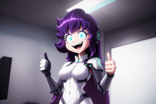 best quality, 1girl, long_hair, purple hair, big eyes, blue eyes, glowing eyes, (>:), :d), white bodysuit, white fortified suit, full armor, mechanical parts, robot joints, gloves, standing, dramatic pose, reaching_out, (thumb-up), looking_at_viewer, indoors, [laboratory, large hall], upper body, dramatic angle, cinematic lighting, volumetric lighting, neon lights, SpoopyStories