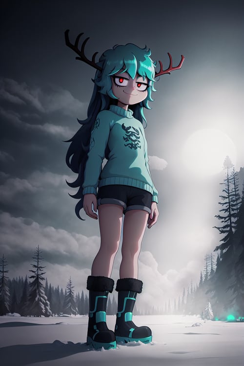 best quality, 1girl, long cyan hair, white antlers, red eyes, smile, closed mouth, sweater, cyan clothing, gray shorts, black boots, standing, forest, snow, winter, dark night, dark sky, looking_at_viewer, full_body, (cinematic lighting), SpoopyStories