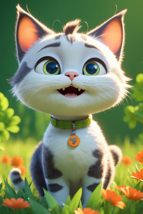 (cute cartoon,nature,3D:1.1,dynamic lighting,vivid colors,HDR), detailed and vibrant 3D rendering of a cute cartoon cat in a natural setting. The cat is beautifully animated with adorable features, including large expressive eyes, a cute button nose, and a bright smile. The cat stands in a lush green field surrounded by colorful flowers and tall trees. The dynamic lighting casts soft shadows on the cat , giving depth and dimension to the scene. The colors are incredibly vivid, with a wide range of hues that bring the entire image to life. The use of HDR techniques enhances the overall quality of the image, ensuring that every detail is perfectly captured. The combination of the cute cartoon style, vibrant colors, and dynamic lighting creates a visually stunning and enchanting artwork that will captivate viewers.