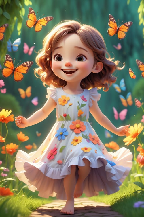 (cute cartoon,nature,3d,dynamic lighting,vivid colors,hdr),(best quality,4k,8k,highres,masterpiece:1.2),ultra-detailed,(realistic,photorealistic,photo-realistic:1.37),medium 3d cartoon illustration,(colorful,charming,colorful:1.2) garden with lush green grass and vibrant flowers. In the center, there is an adorable little girl with big, expressive eyes and a joyful smile. She is wearing a cute, frilly dress with vibrant colors that match the flowers around her. Her hair is flowing in the breeze, and there are colorful butterflies fluttering around her. The sunlight shines through the trees and creates dynamic lighting patterns on the ground. The scene is filled with happiness and warmth, and the 3D cartoon style adds a charming touch.