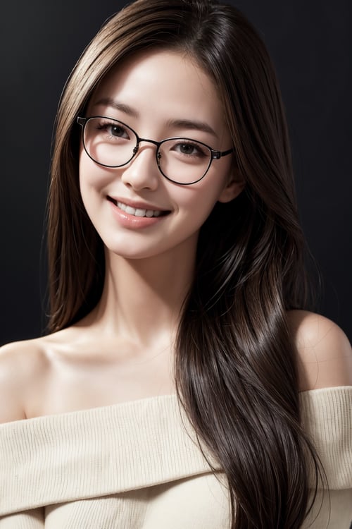 masterpiece, best quality, photorealistic, raw photo, 1girl, glasses, long hair, daily outfit, light smile, detailed skin, pore, off_shoulder, low key, black_background