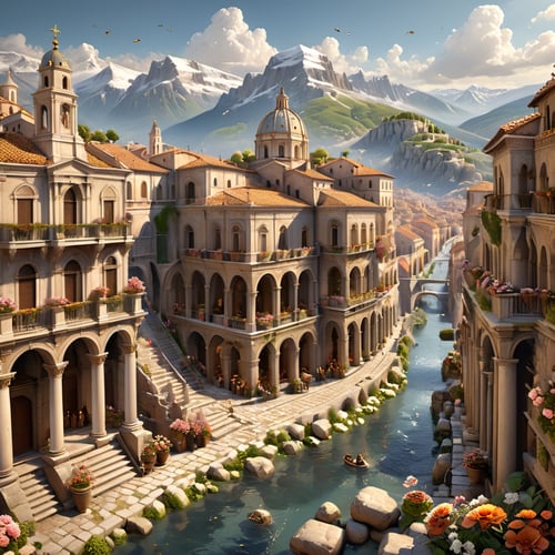(Baroque painting), busy Roman scenery divided into many levels and mountains, animals, isometric 3d art of floating streets, cobblestone, flowers, greg rutkowski