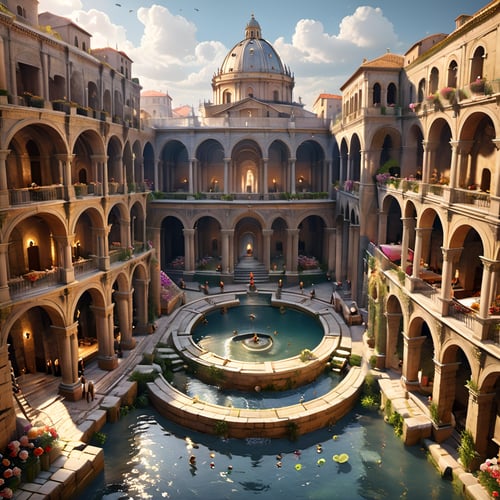 (Baroque painting), busy Roman baths divided into many levels and towers, people, animals, isometric 3d art of floating streets, cobblestone, flowers, greg rutkowski