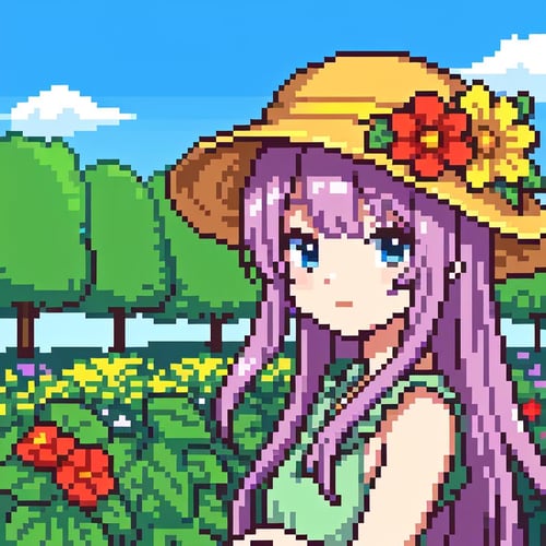 anime girl wearing a floral headwear, garden background, blue sky