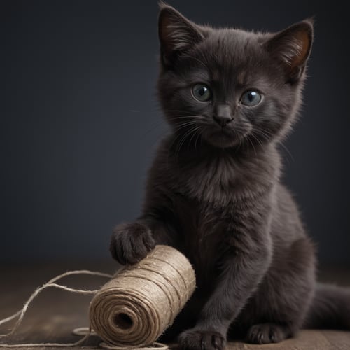 Closeup photo upper body of an black kitten play with a roll of string, detailed realistic fluffy fur, high quality photography, 3 point lighting, flash with softbox, 4k, Canon EOS R3, hdr, smooth, sharp focus, high resolution, award winning photo, 80mm, f2.8, bokeh