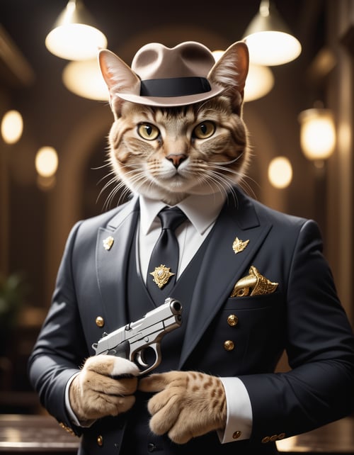 cinematic film still ((BBC Style)) picture of an cat mobster in (wildlife) ,holding his golden beretta pistol towards viewer, paws .,shallow depth of field, vignette, highly detailed, high budget, bokeh, cinemascope, moody, epic, gorgeous, film grain, grainy, high quality photography, 3 point lighting, flash with softbox, 4k, Canon EOS R3, hdr, smooth, sharp focus, high resolution, award winning photo, 80mm, f2.8, bokeh
