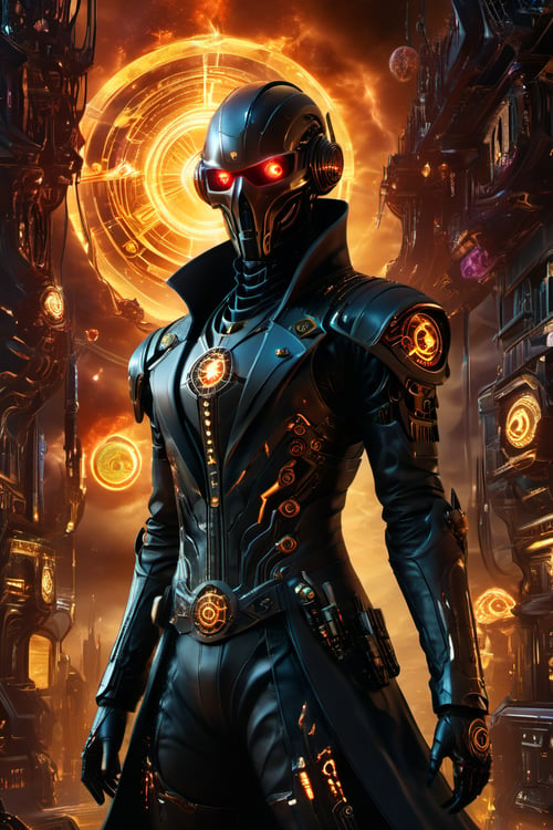 ((a dark fantasy cyborg immersed in an arcane dystopia, seamlessly blending enchanted machinery with eldritch runes. The sinister being moves silently through a desolate urban landscape, its glowing eyes and mystical symbols revealing a fusion of magic and technology))
