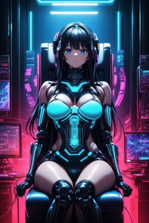 Superior quality, ultra-detailed CGI, 64K HDR, a cyberpunk lab illuminated with intense light, showcasing a woman in high-tech armor seated in a dynamic energy seat, encased by futuristic wiring and devices, harmonious layout, (Futuristic cyberpunk:1.4), (Techno-armored female:1.3), (dynamic energy seat:1.2), envisioned by FuturEvoLab, innovative technology, glossy metallic finish, striking neon contrasts, vibrant setting, advanced design.