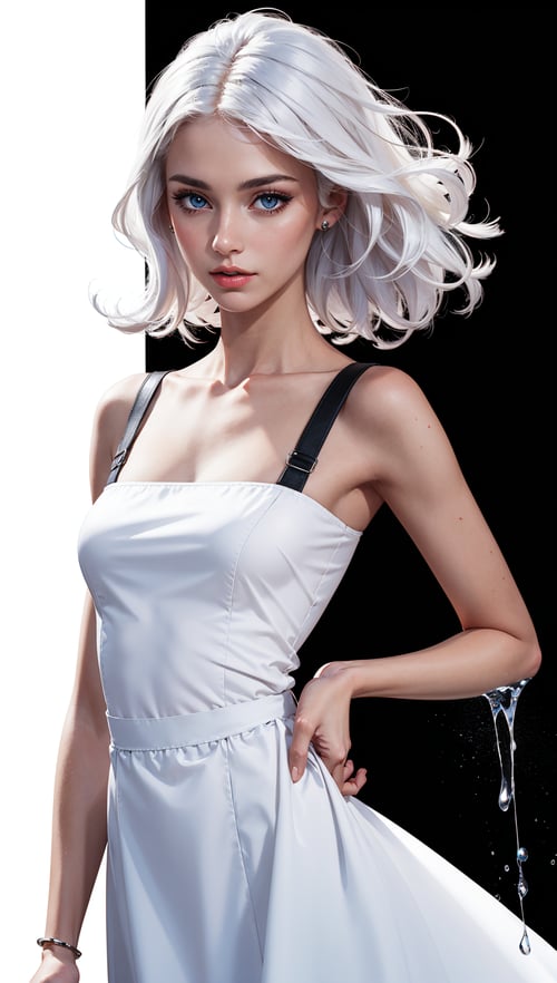 a woman with white hair and blue eyes is in a white dress with a black background and a splash of paint,